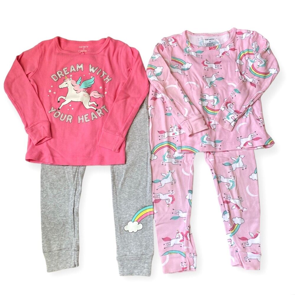CARTER'S Pajamas Long Sleeve PJs Size 4 Girls Set of 2 Pairs Unicorn Rainbows